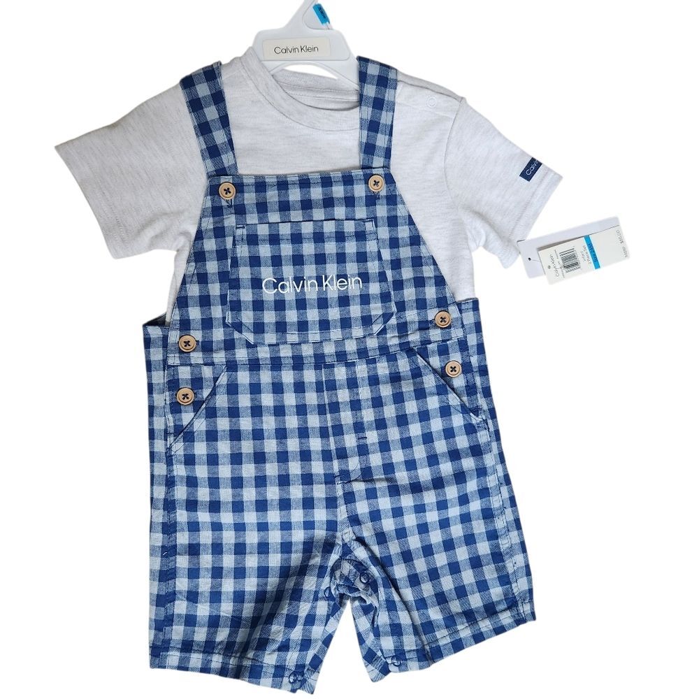 Calvin Klein Boys' 2-piece Shortalls Set Size 24 months Blue Gingham NWT